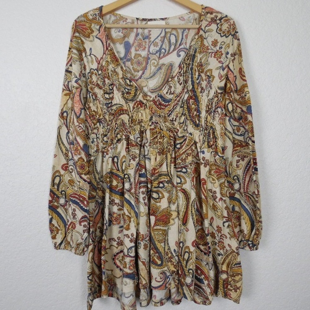 Melloday Women's Boho Peasant Tunic Top SZ Small Paisley Smocked Flowy Indie